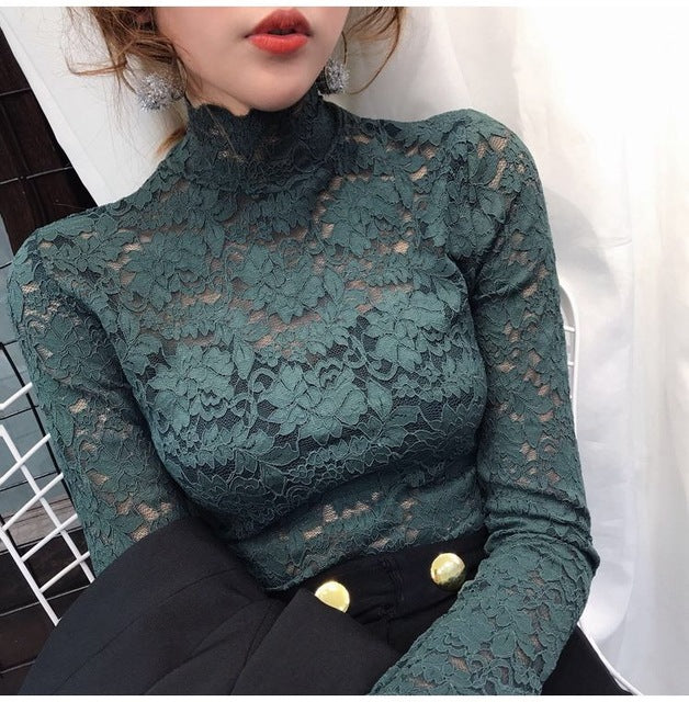 Elegant Floral Embroidery Elastic Blouse sexy Hollow Out Long Sleeve