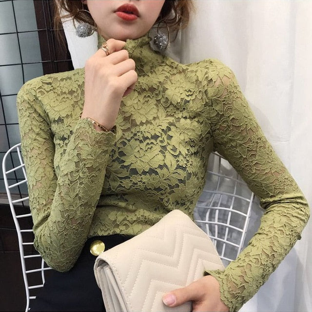 Elegant Floral Embroidery Elastic Blouse sexy Hollow Out Long Sleeve