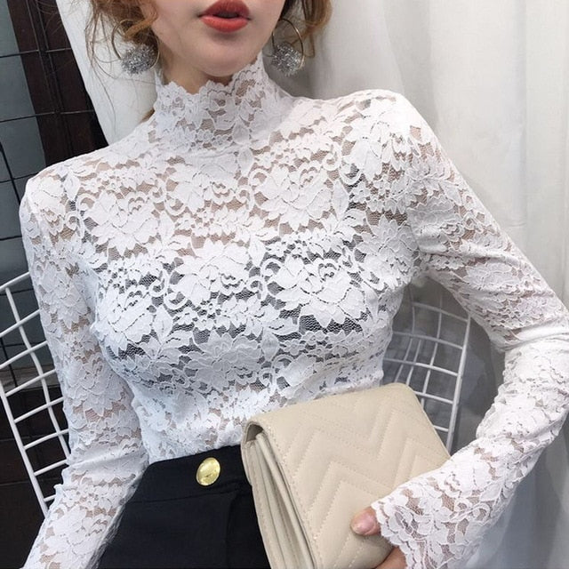 Elegant Floral Embroidery Elastic Blouse sexy Hollow Out Long Sleeve