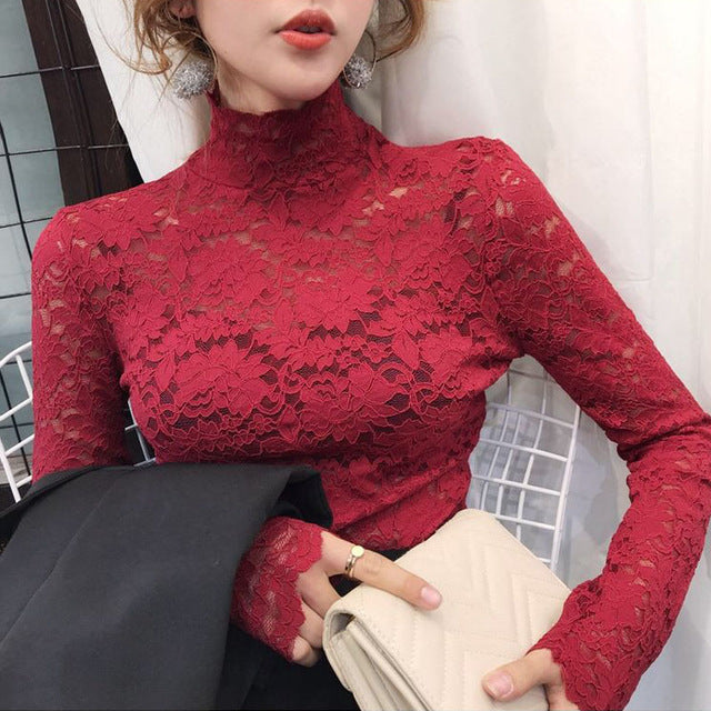Elegant Floral Embroidery Elastic Blouse sexy Hollow Out Long Sleeve