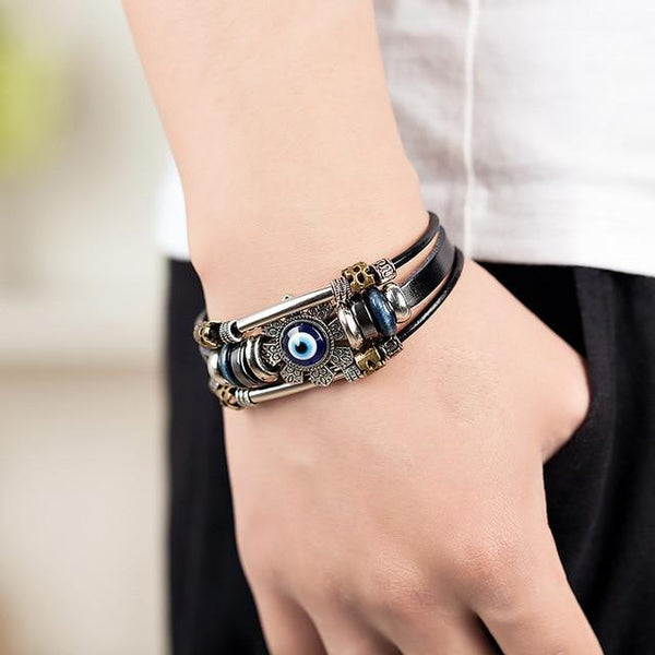 Punk Turkish Evil Eye Stainless Steel Bend Multilayer Leather Bracelet Man Woman Charm Flower