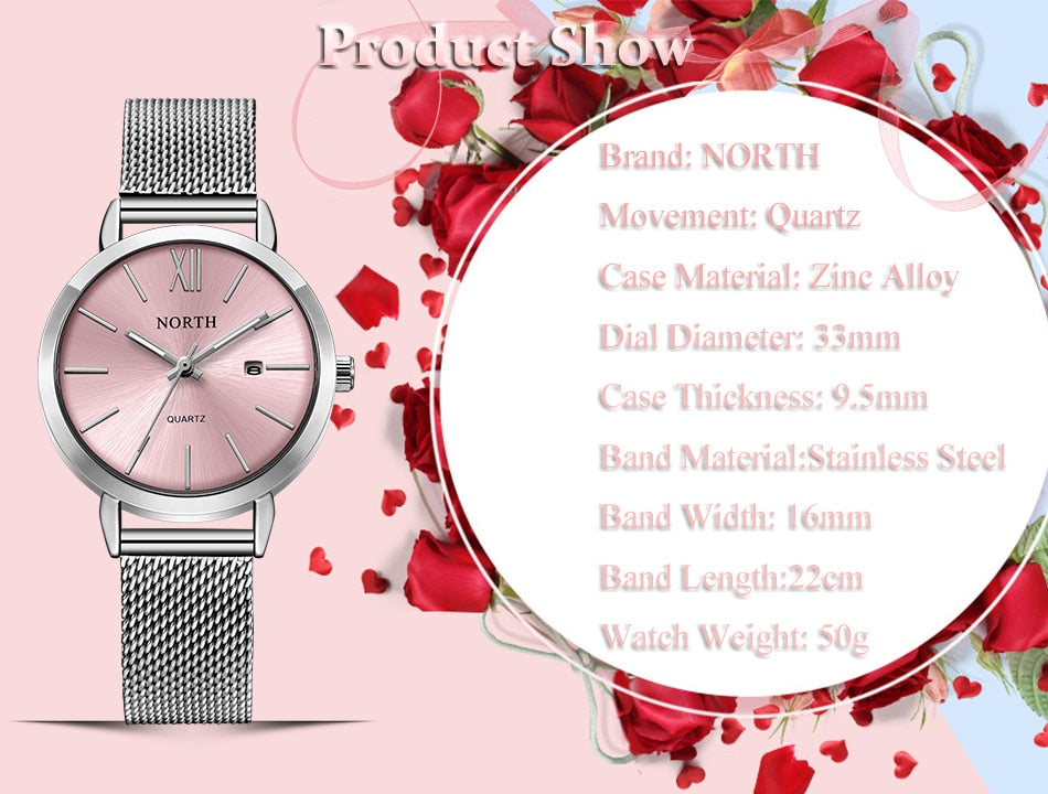 Luxury Brand NORTH Women Steel Bracelet Dress Quartz Watch Lady Waterproof