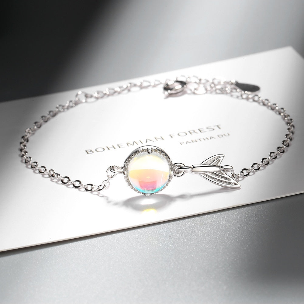 Silver Colorful Moonstone charm Bracelet Fishtail Chain Bracelet