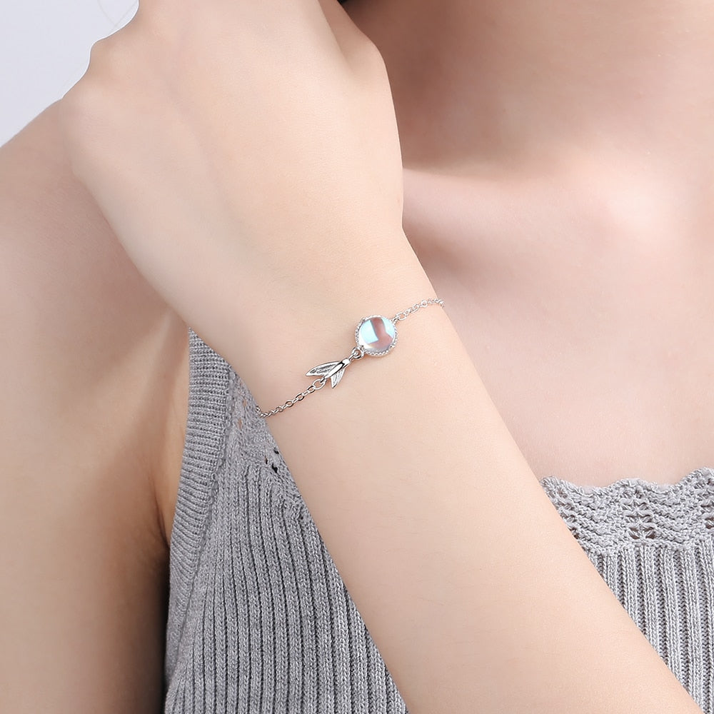 Silver Colorful Moonstone charm Bracelet Fishtail Chain Bracelet
