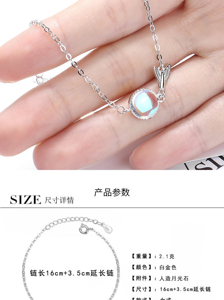 Silver Colorful Moonstone charm Bracelet Fishtail Chain Bracelet