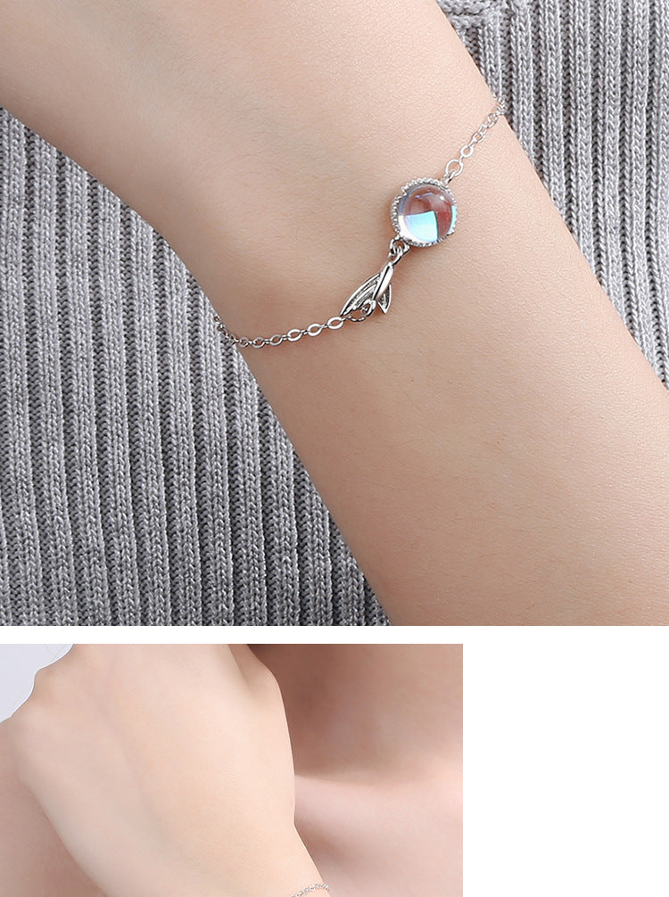 Silver Colorful Moonstone charm Bracelet Fishtail Chain Bracelet