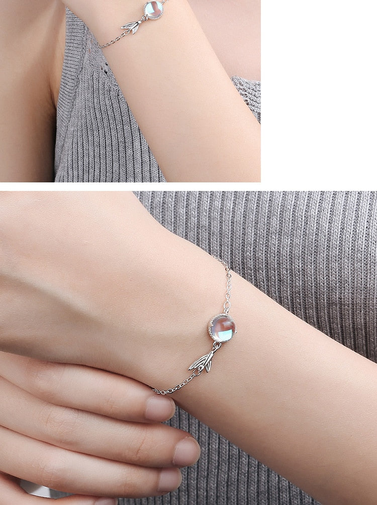 Silver Colorful Moonstone charm Bracelet Fishtail Chain Bracelet