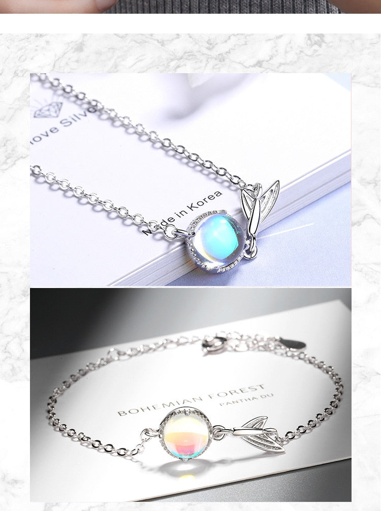 Silver Colorful Moonstone charm Bracelet Fishtail Chain Bracelet
