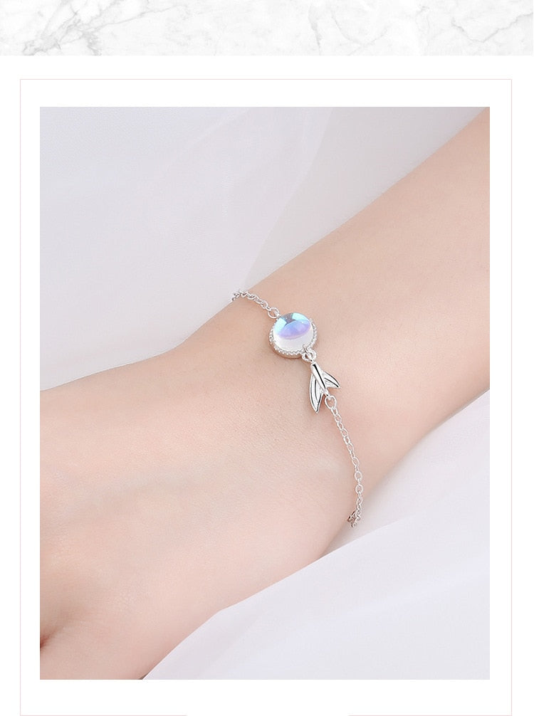 Silver Colorful Moonstone charm Bracelet Fishtail Chain Bracelet