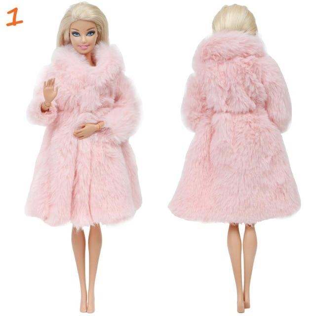 Multicolor 1 Set  Long Sleeve Soft Fur Coat Tops Dress Winter Warm Casual Wear Accessories Clothes for Barbie Doll Kids Toy