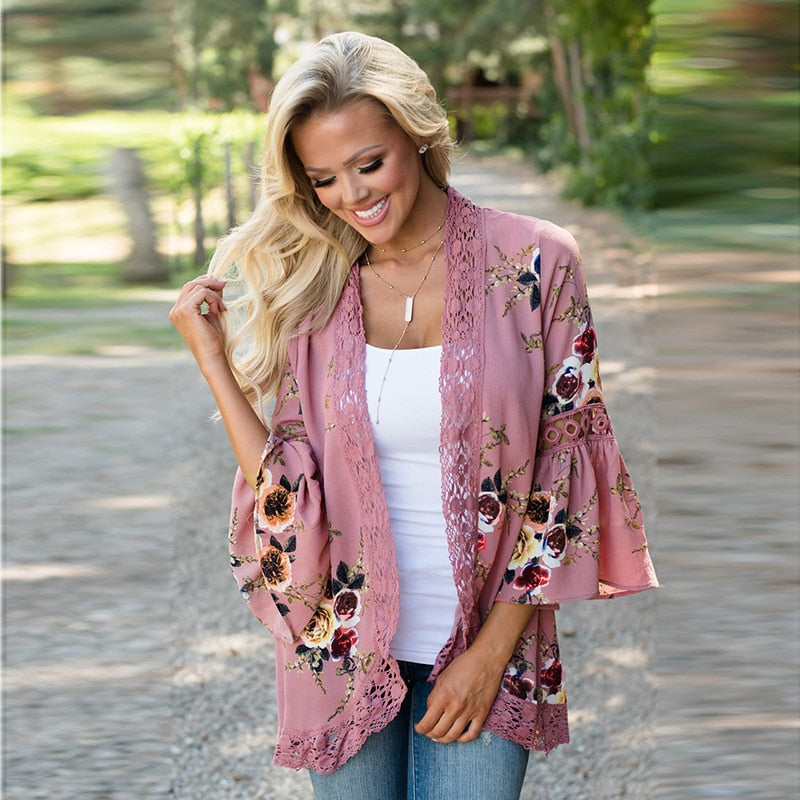 Open Stitch Floral printed with Lace Patchwork &  Flare Sleeve