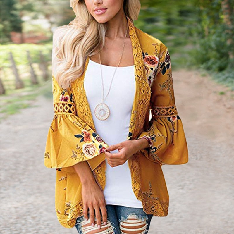 Open Stitch Floral printed with Lace Patchwork &  Flare Sleeve