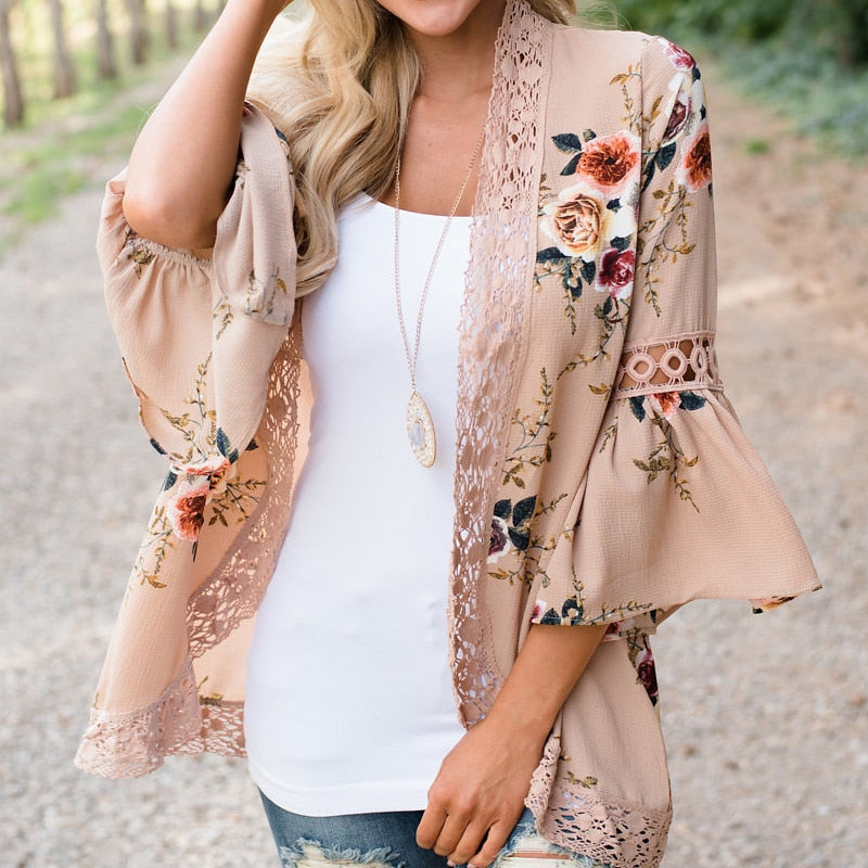 Open Stitch Floral printed with Lace Patchwork &  Flare Sleeve