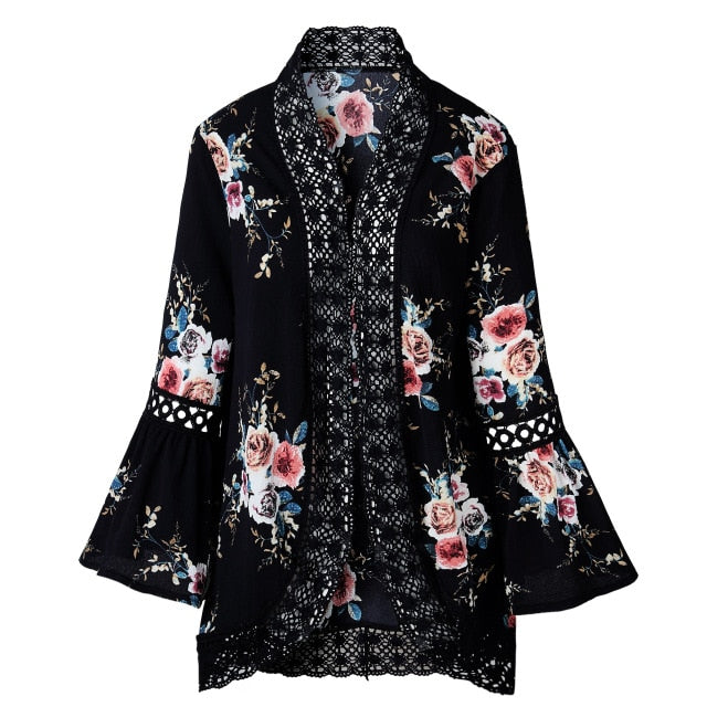 Open Stitch Floral printed with Lace Patchwork &  Flare Sleeve