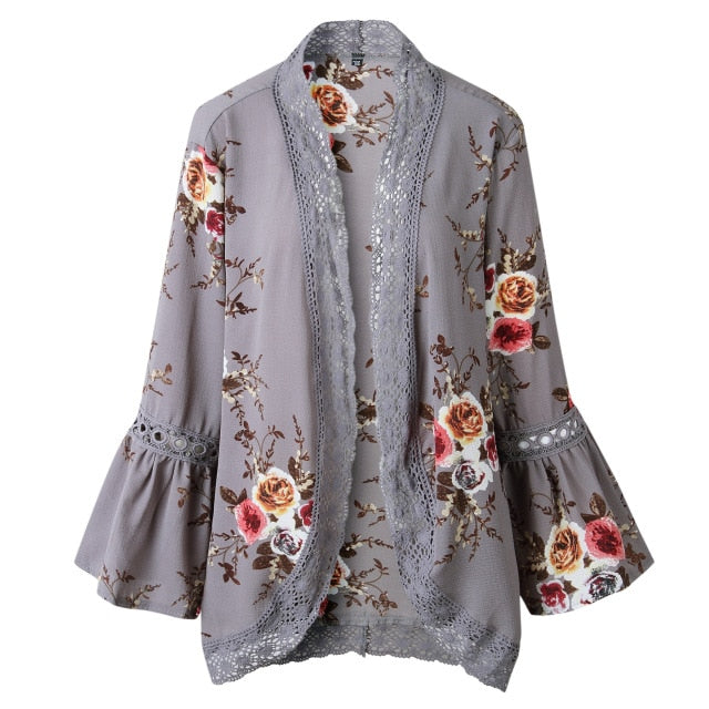 Open Stitch Floral printed with Lace Patchwork &  Flare Sleeve
