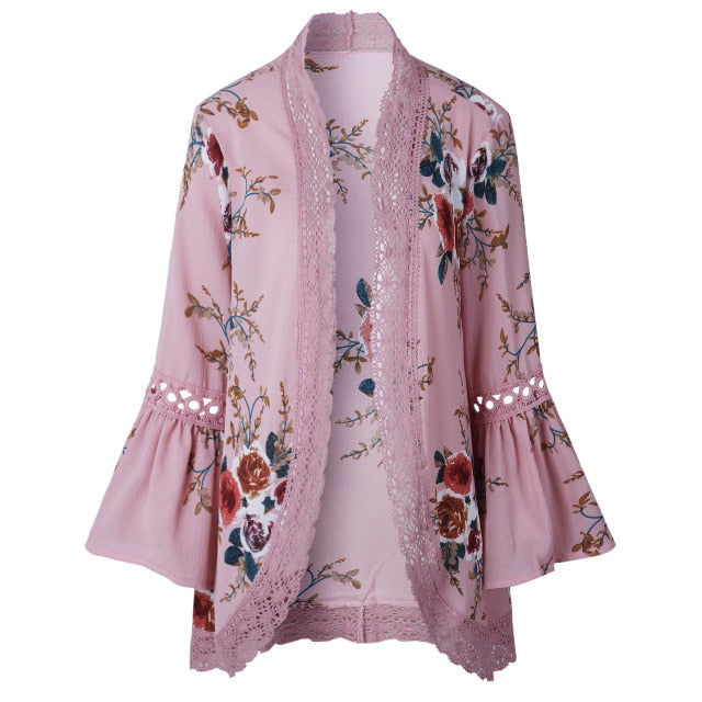 Open Stitch Floral printed with Lace Patchwork &  Flare Sleeve