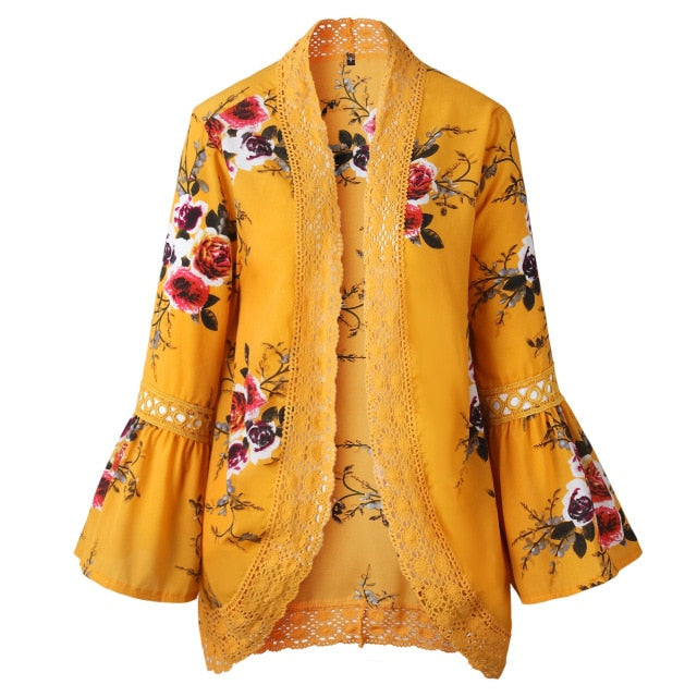 Open Stitch Floral printed with Lace Patchwork &  Flare Sleeve