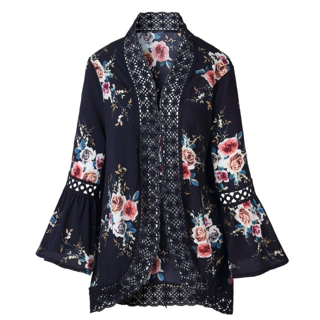 Open Stitch Floral printed with Lace Patchwork &  Flare Sleeve