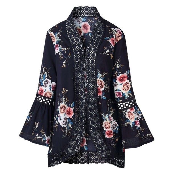 Open Stitch Floral printed with Lace Patchwork &  Flare Sleeve