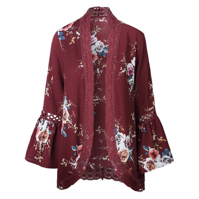 Open Stitch Floral printed with Lace Patchwork &  Flare Sleeve