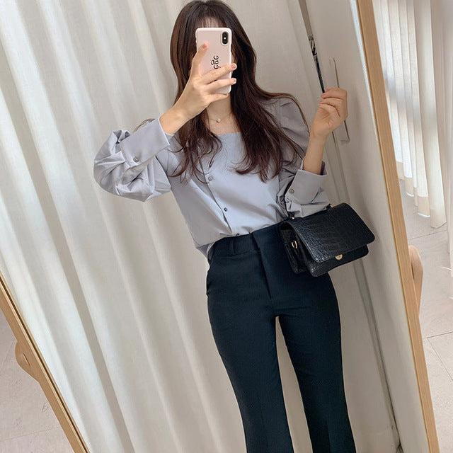 Square Collar Lantern High Quality Loose Office Lady Stylish Shirt