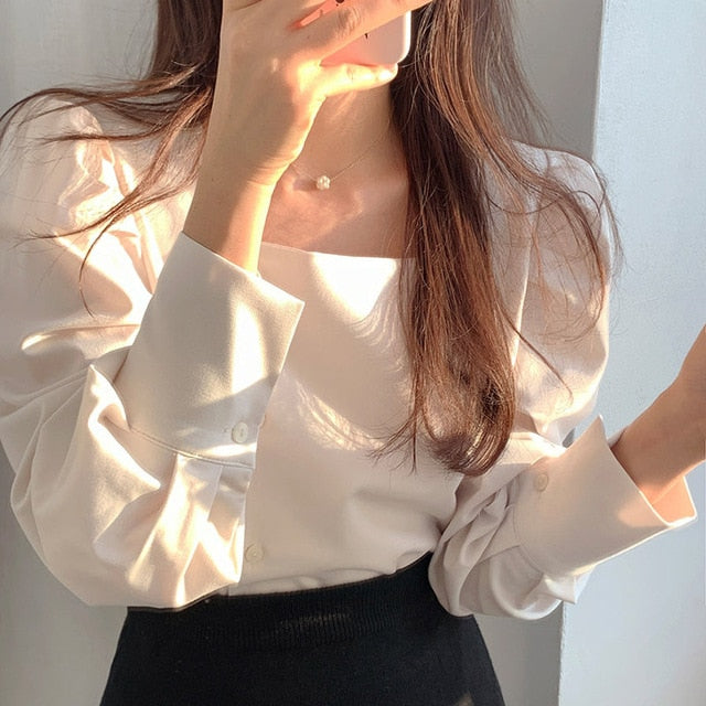 Square Collar Lantern High Quality Loose Office Lady Stylish Shirt