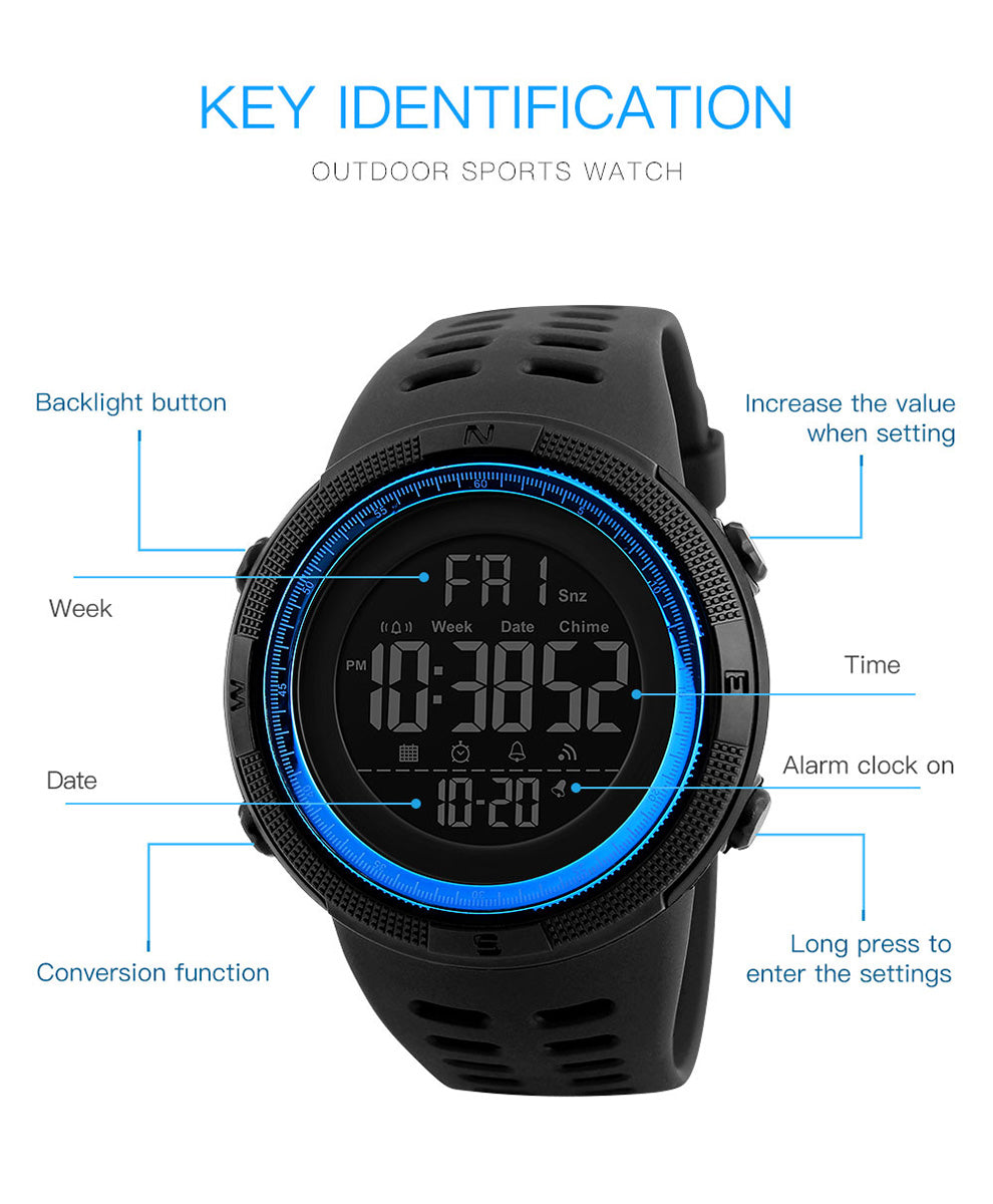 Fashion Sport Watch Men Clock Multifunction Alarm Chrono 5Bar Waterproof Digital Watch