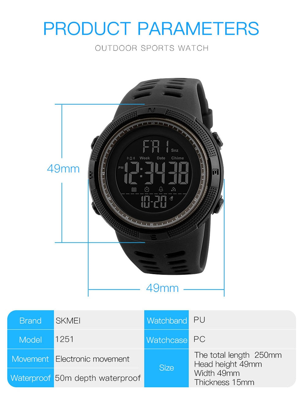 Fashion Sport Watch Men Clock Multifunction Alarm Chrono 5Bar Waterproof Digital Watch
