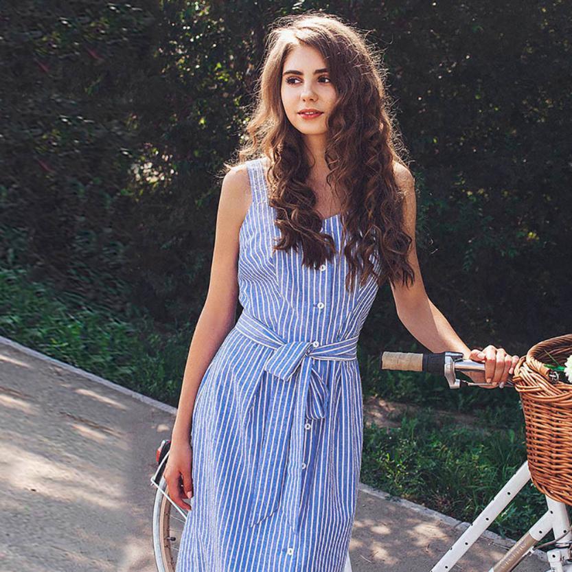 Women's Party Blue Striped Sleeveless Dress Sexy Summer Bandage Single-Breasted dress