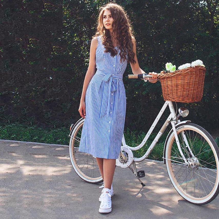 Women's Party Blue Striped Sleeveless Dress Sexy Summer Bandage Single-Breasted dress