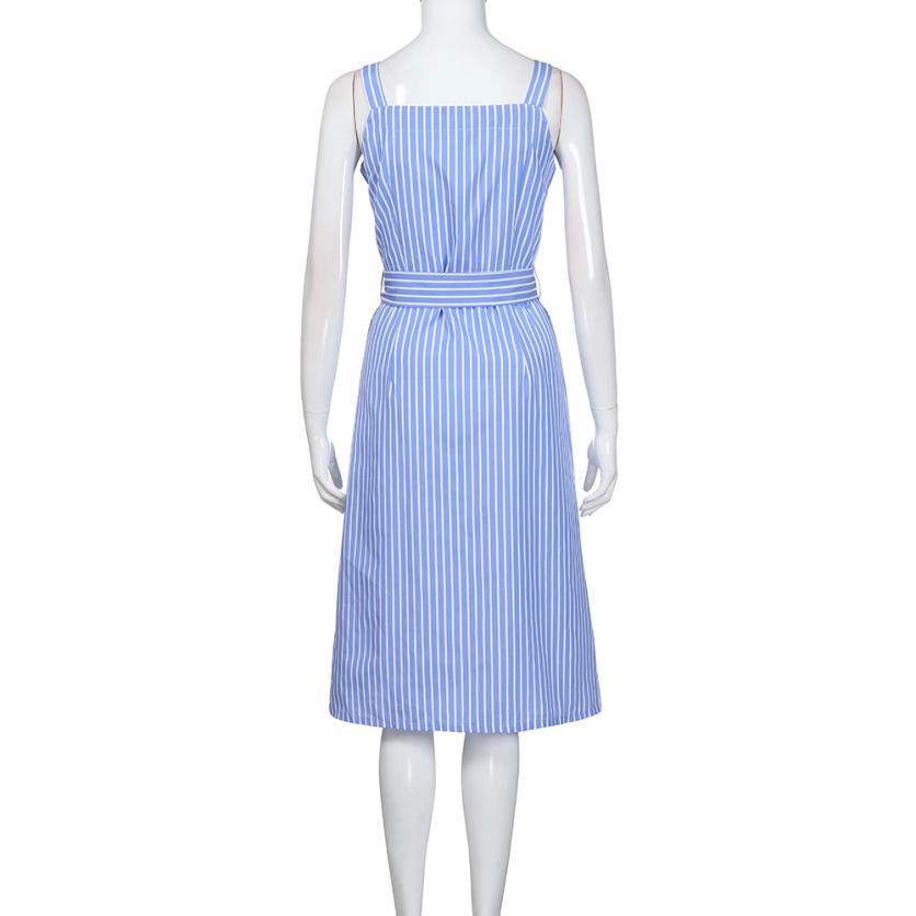 Women's Party Blue Striped Sleeveless Dress Sexy Summer Bandage Single-Breasted dress