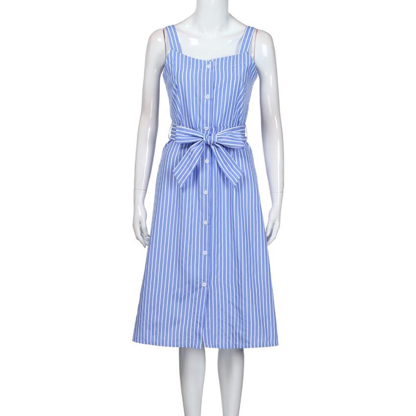 Women's Party Blue Striped Sleeveless Dress Sexy Summer Bandage Single-Breasted dress