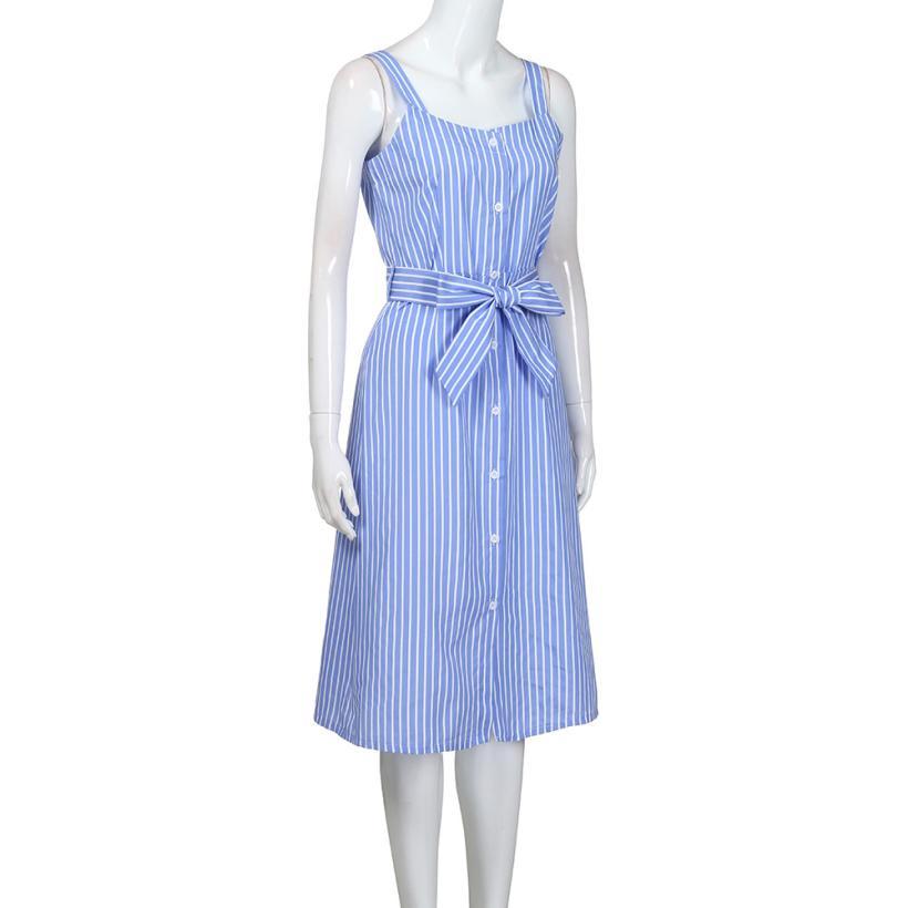 Women's Party Blue Striped Sleeveless Dress Sexy Summer Bandage Single-Breasted dress