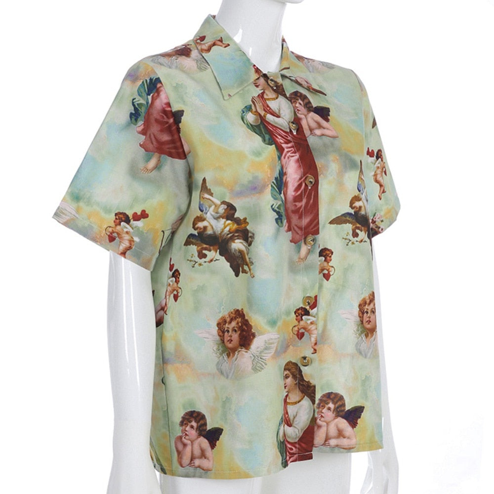 Aesthetic Cupid Angel Print  Cardigan Short Sleeve Summer Top