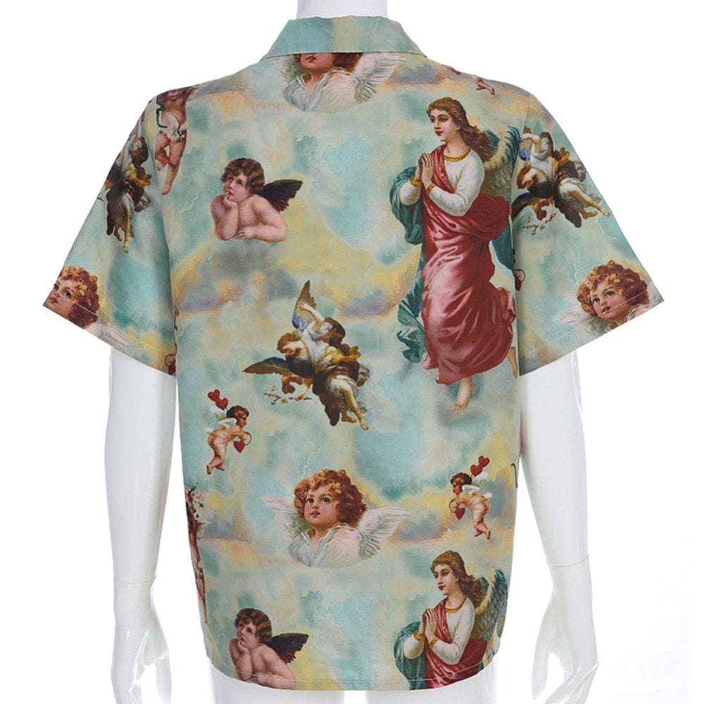 Aesthetic Cupid Angel Print  Cardigan Short Sleeve Summer Top