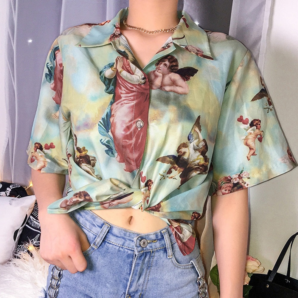 Aesthetic Cupid Angel Print  Cardigan Short Sleeve Summer Top