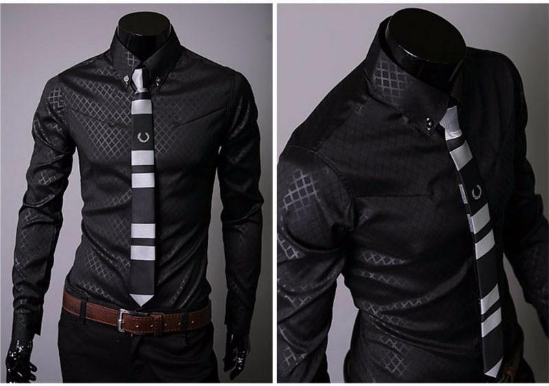Men Plaid Shirts Brand 5XL  Dress Shirts Long Sleeve Slim Casual Black White