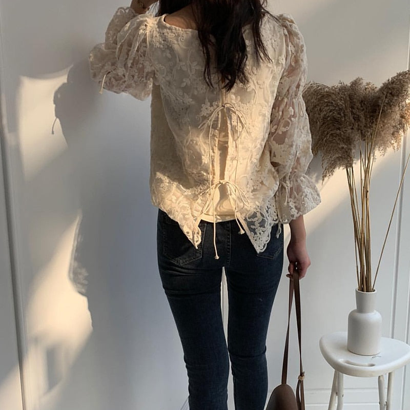 Fashion embroidered lace Tops Elegant Flare sleeve Casual Women blouse
