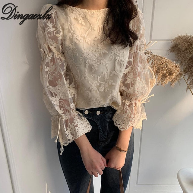 Fashion embroidered lace Tops Elegant Flare sleeve Casual Women blouse