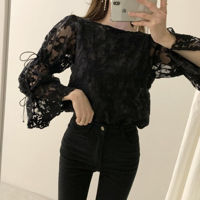 Fashion embroidered lace Tops Elegant Flare sleeve Casual Women blouse