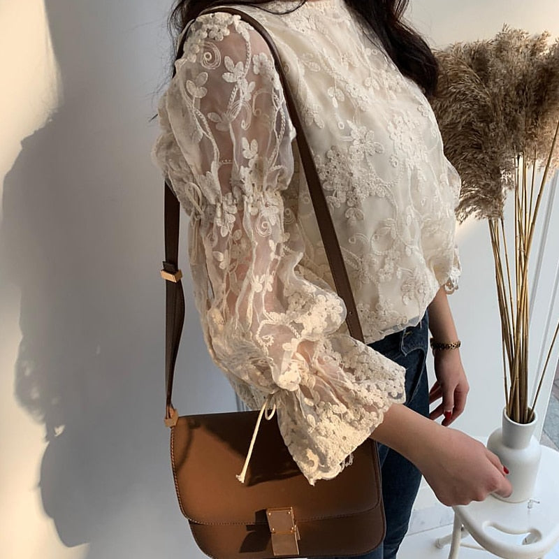 Fashion embroidered lace Tops Elegant Flare sleeve Casual Women blouse