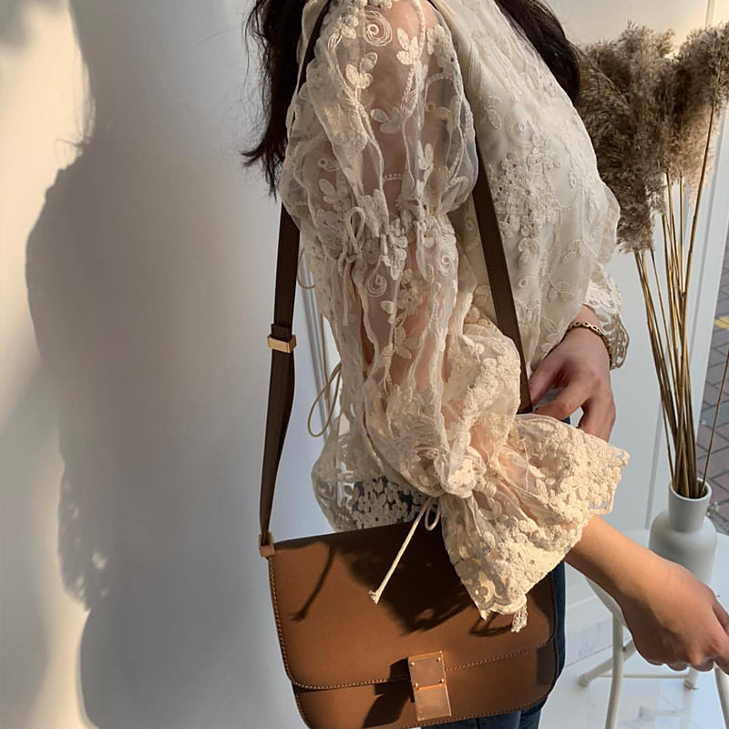 Fashion embroidered lace Tops Elegant Flare sleeve Casual Women blouse