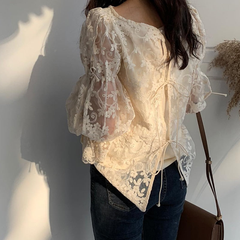 Fashion embroidered lace Tops Elegant Flare sleeve Casual Women blouse