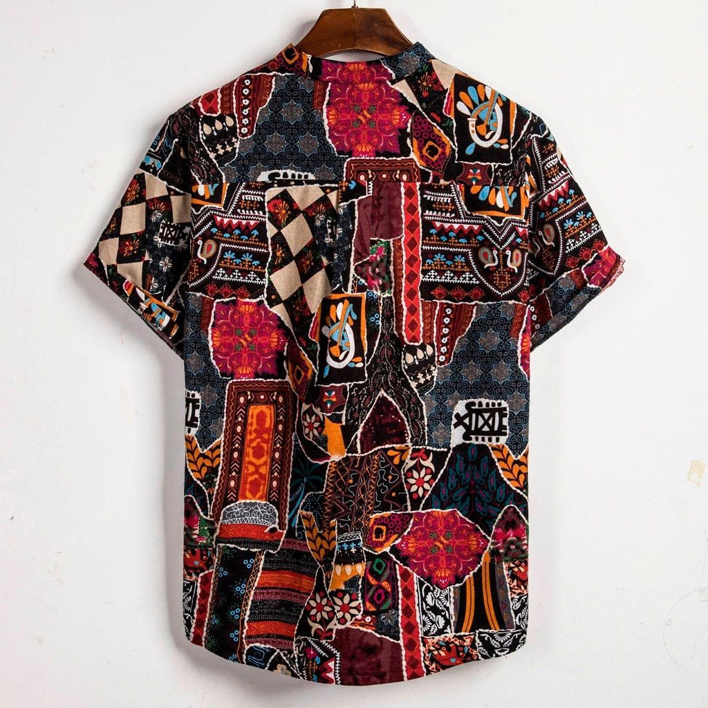 Mens Ethnic Short Sleeve Casual Cotton Linen Printing Hawaiian Shirt Blouse