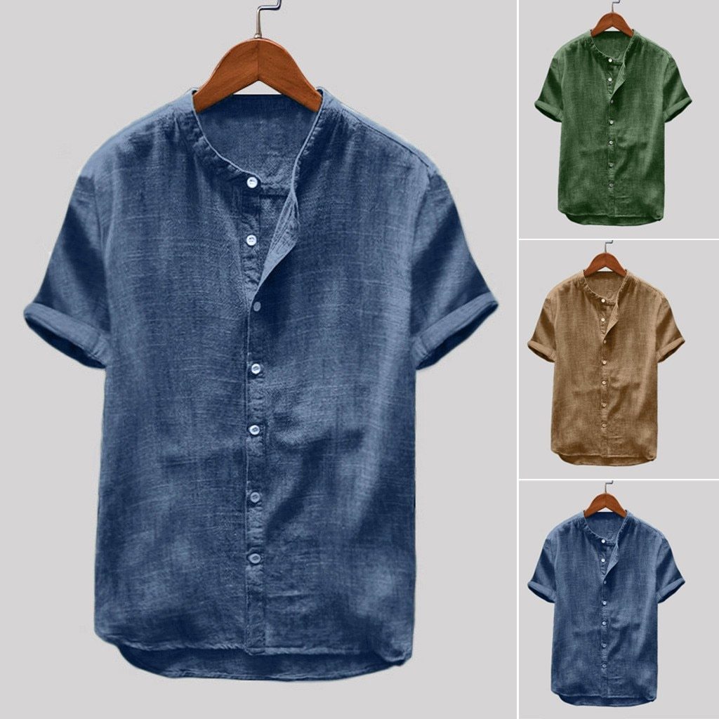 Summer Loose Cotton Material Solid Color Short Sleeve Retro Shirt Top Casual Wear Men's Shirts