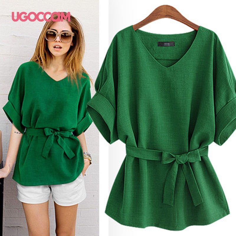 Linen V Neck Summer Loose Baggy Tops