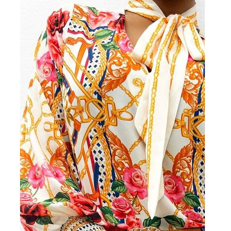Scarf Neck Baroque Print  Lantern Sleeve Blouse Shirt