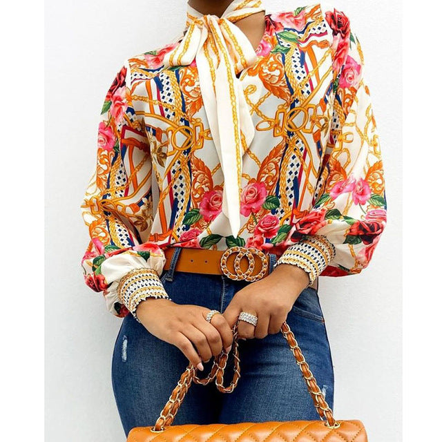 Scarf Neck Baroque Print  Lantern Sleeve Blouse Shirt