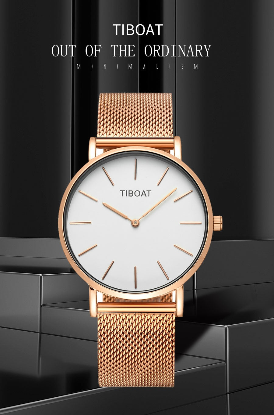 Japan Quartz Movement Stainless Steel Rose Gold Dial Waterproof Wristwatches