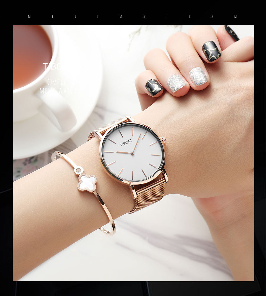 Japan Quartz Movement Stainless Steel Rose Gold Dial Waterproof Wristwatches